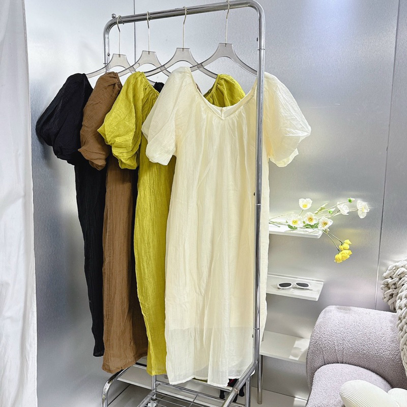 Đầm Đũi Tơ Nhăn Tay Bồng Cổ V Siêu Mát Mã QT028