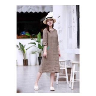 Đầm Linen dáng suông cổ tròn tay lỡ sz S-XL (45-63kg)