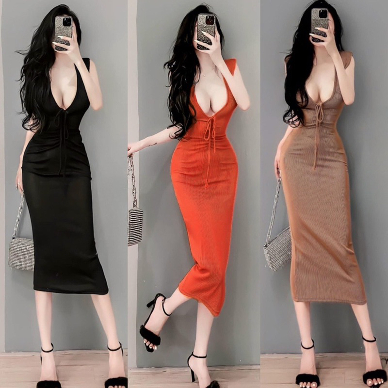 Đầm Body Gân Rút Ngực Cổ V Khoét Sát Nách