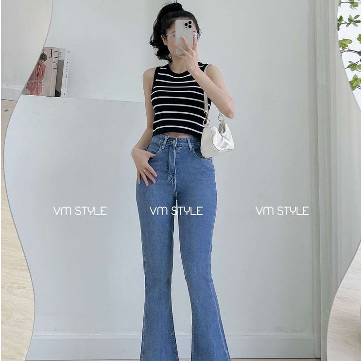 Quần jean nữ ống loe VMSTYLE thiết kế lai thường dáng suông trơn basic N195 Đ196 - QJL00018