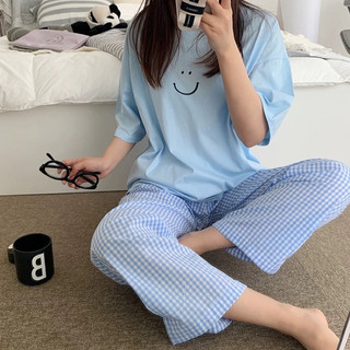 Sét đồ mặc nhà, sét bộ mặc nhà trẻ trung nhà LAM, sét áo in hình mặc cười, quần dài kẻ caro, sét đồ dài nữ