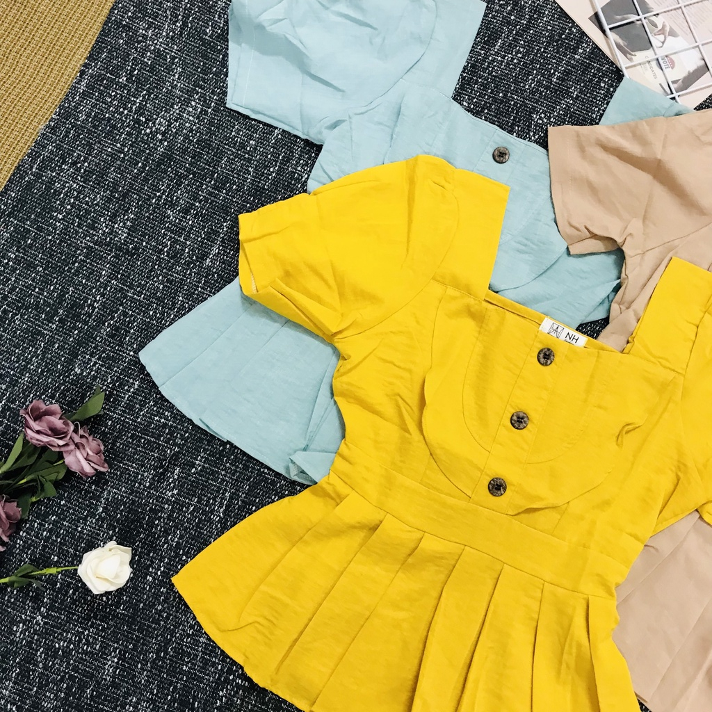 Áo Kiểu Tay Ngăn xếp ly vạt dưới Áo phối Nút Gỗ giữa thân chất vải Đũi Hàn