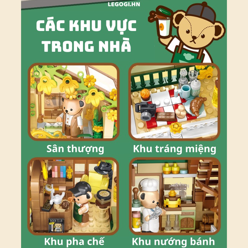 Đồ chơi xếp hình Legogi NHÀ CAFE GẤU Teddy Bear 1381 mảnh Inbrixx 881101 mô hình trang trí trưng bày decor quà tặng