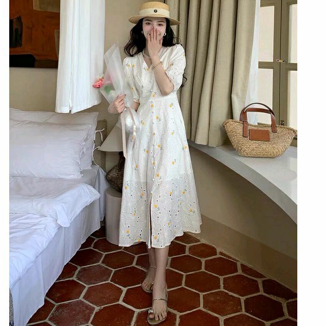 Đầm Hoa Nhí Vintage❤️FREESHIP❤️ Dáng Xòe Cổ V Tay Ngắn Bo Thun Đính Nút Xinh Xắn