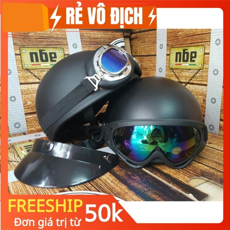 Mũ bảo hiểm nửa đầu đi phượt - Nón bảo hiểm 1/2 kèm kính uv, kính phi công