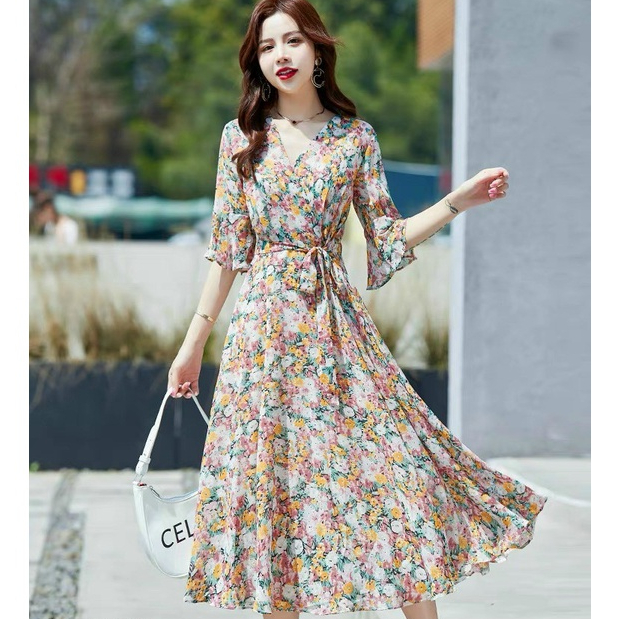 Đầm váy nữ voan hoa tay lửng cổ V dự tiệc đám cưới cao cấp