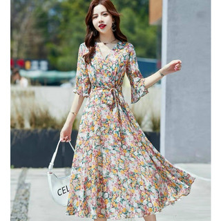 Đầm váy nữ voan hoa tay lửng cổ V dự tiệc đám cưới cao cấp