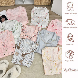 Bộ ngủ lụa cộc tay cổ pyjama hoạ tiết cute/ bộ pyjama