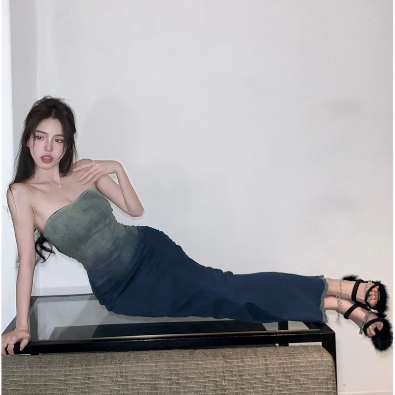 UV002 Váy bò màu loang ôm body đuôi cá dài siêu xinh hot Sẵn IB Giảm 30K