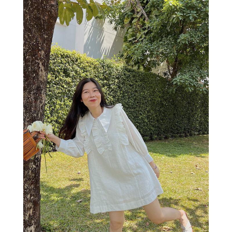 Đầm xoè bèo nhún tay phồng lá cổ RUCHAN