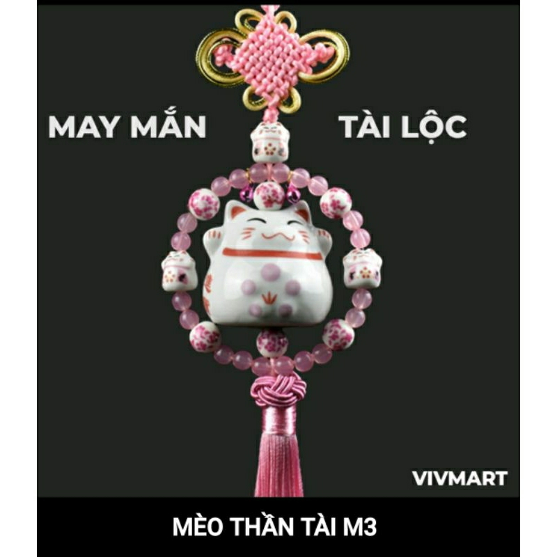 Khánh Mèo thần tài treo gương chiếu hậu xe ô tô may mắn