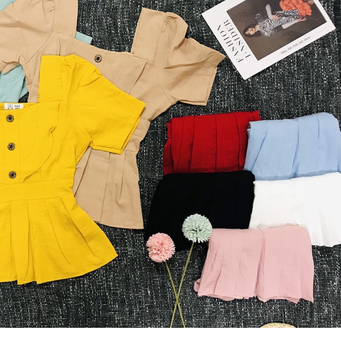 Áo Kiểu Tay Ngăn xếp ly vạt dưới Áo phối Nút Gỗ giữa thân chất vải Đũi Hàn