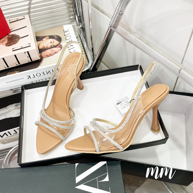 Sandal Zara xuất dư tà mac xịn xò, mica trong suốt viền đá sáng, gót nhọn 9cm tôn dáng