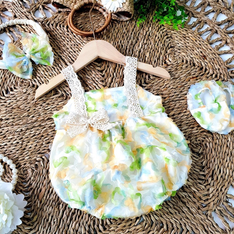 Body Hoa Nổi Màu Xanh Phối Ren NHÍM XÙ KIDS Cho Bé Gái Sơ Sinh, Đầy Tháng, Thôi Nôi B056