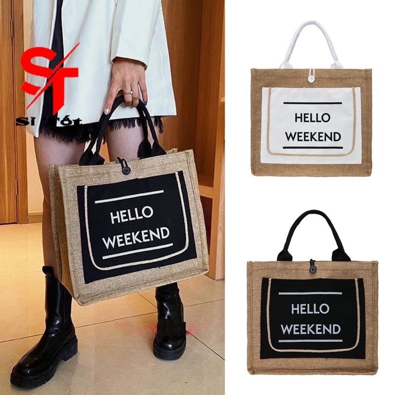 Túi Cói Hello Kích  Thước 35x29 Có 2 Ngăn, Màu Sắc Trắng Và Đen