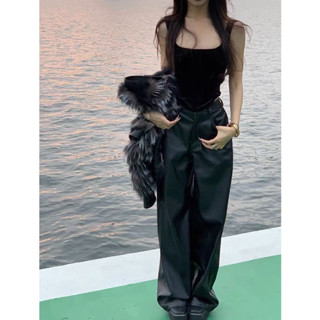 [ HÌNH THẬT ] Quần da ống rộng