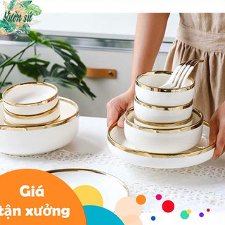 Bát con, thìa sứ trắng viền vàng cao cấp bán lẻ - VS327