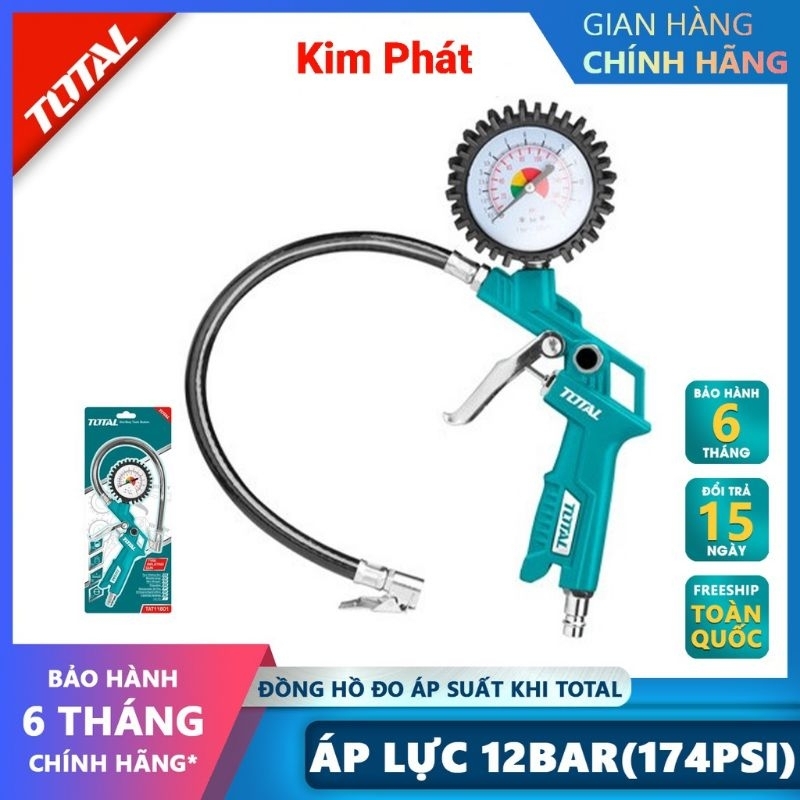 Đồng hồ đo áp suất khí Total Dụng cụ bơm hơi khí có đồng hồ Áp lực 12bar(174psi) Chiều dài vòi 350mm