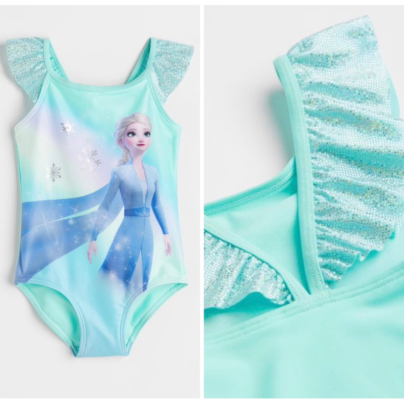 Áo bơi liền màu xanh cho bé gái hoạ tiết elsa xinh săn sale Uk sz 1.5-2y