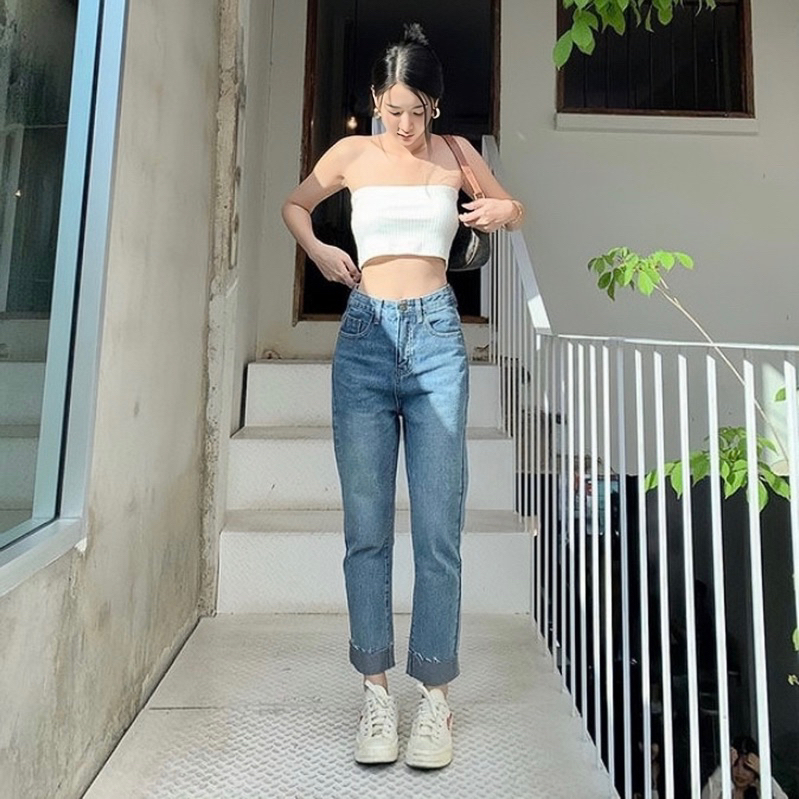 Quần Lannie Jeans Ống Đứng Co Dãn Xanh Retro