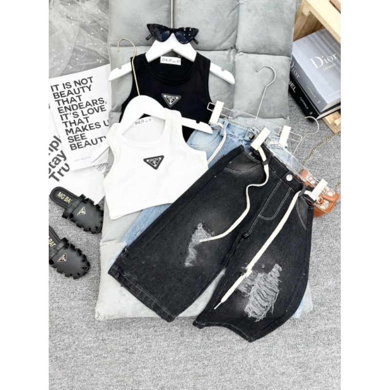 Bộ áo 8_35kg) croptop kèm quần xuông cá tính bé gái