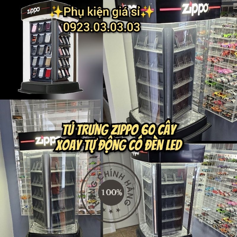 Tủ trưng bày Zippo chính hãng, 60 và 96 cây xoay tự động có đèn led