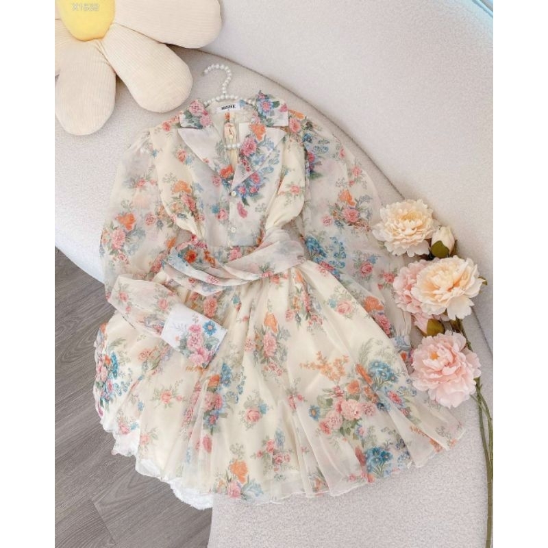 đầm voan hoa cổ sơ mi