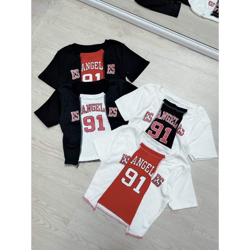 Áo thun tay ngắn croptop in ENGEL số 91 phong cách thể thao