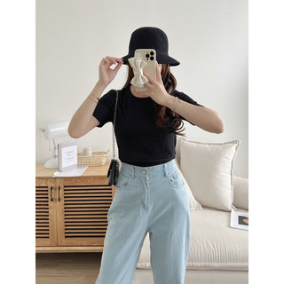 Áo thun xốp nhăn cổ tròn cộc tay basic dáng vừa