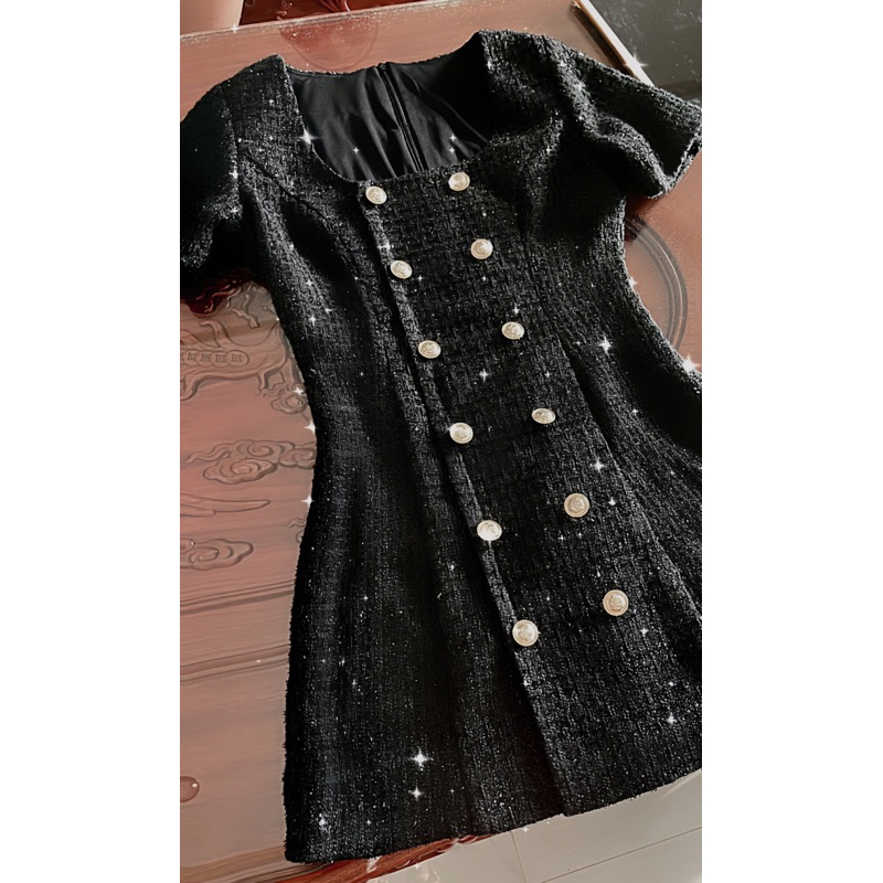 Heli Dress Váy dạ tweed thiết kế cổ vuông tay ngắn - ảnh thật shop chụp