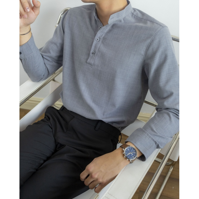 Áo sơ mi nam cổ trụ tay dài VÂU chuẩn form chất linen pha cotton phong cách Hàn Quốc trẻ trung