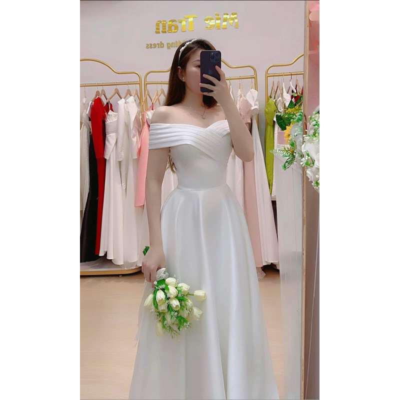đầm cô dâu , váy cưới đi bàn , dạ hội xoè trẽ vai