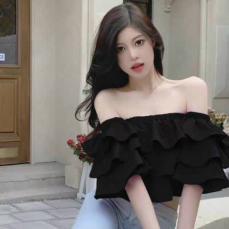 Áo bẹt vai tầng siêu cưng, Áo croptop trễ vai tay phồng 2 lớp nhún lưng ôm dáng bánh bèo 💕💕💕S999