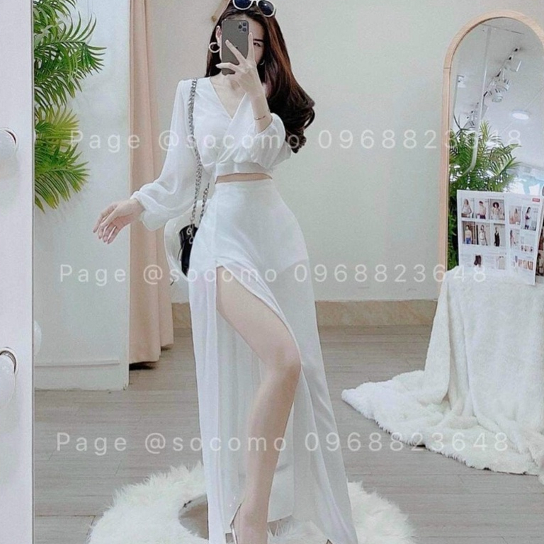Chân váy xẻ tà và áo cổ tim dài tay chất liệu voan chiffon có lót trong màu đầm trắng đen cá tính thời trang nữ ARAVA