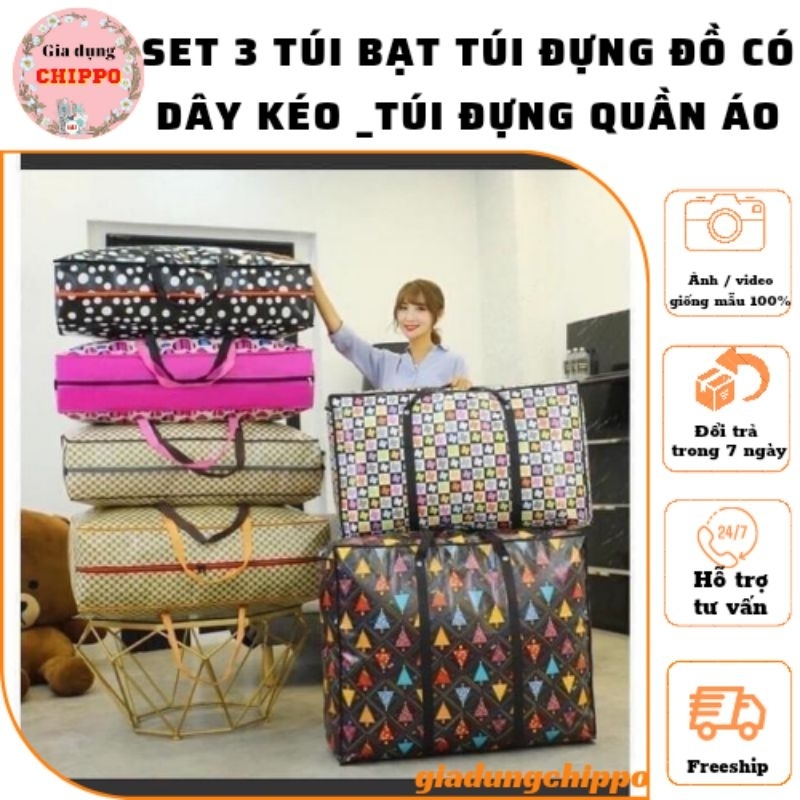 Set 3 Túi bạt đựng quần áo có dây kéo chống thấm nước , túi dọn nhà , túi đựng chăn màn , giỏ đựng đồ