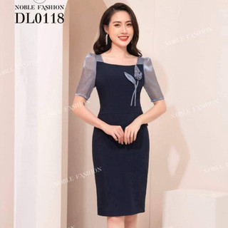 Đầm ôm công sở Noble Fashion tay phối tơ hoa tuylip đính thủ công trước ngực chất vải co dãn nhẹ dl0118