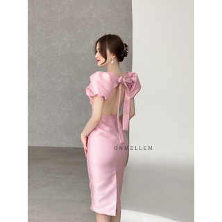 Mell14 dress - Váy dài cột nơ tay bồng hở lưng sang chảnh Onmellem