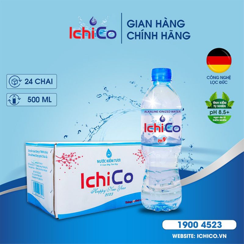 Thùng nước uống ion kiềm tươi ICHICO pH 8-10.5 chai 350ml/500ml