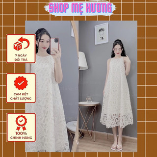 Váy bầu cổ yếm ren hoa nổi hàng 2 lớp siêu xinh,đầm nữ cổ yếm dáng suông freesize dưới 68kg