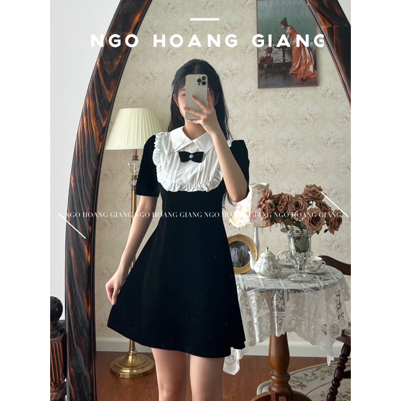 Váy đen cổ sơmi phối vạt bèo trắng đính nơ đen váy chữ A chiết eo công sở đi chơi tôn dáng BLACK DIIRI