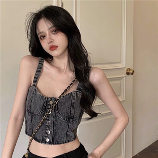 Áo jean 2 dây bản lớn cài cúc, áo 2 dây jean co giãn nhẹ, áo jean croptop basic