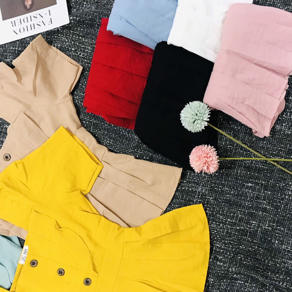 Áo Kiểu Tay Ngăn xếp ly vạt dưới Áo phối Nút Gỗ giữa thân chất vải Đũi Hàn