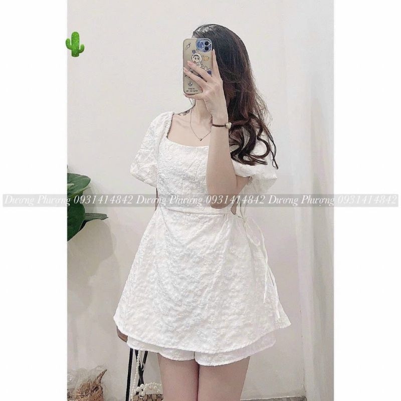 Sét bộ gấm nơ eo cao cấp tay phồng nhẹ tinh tế ( BC)