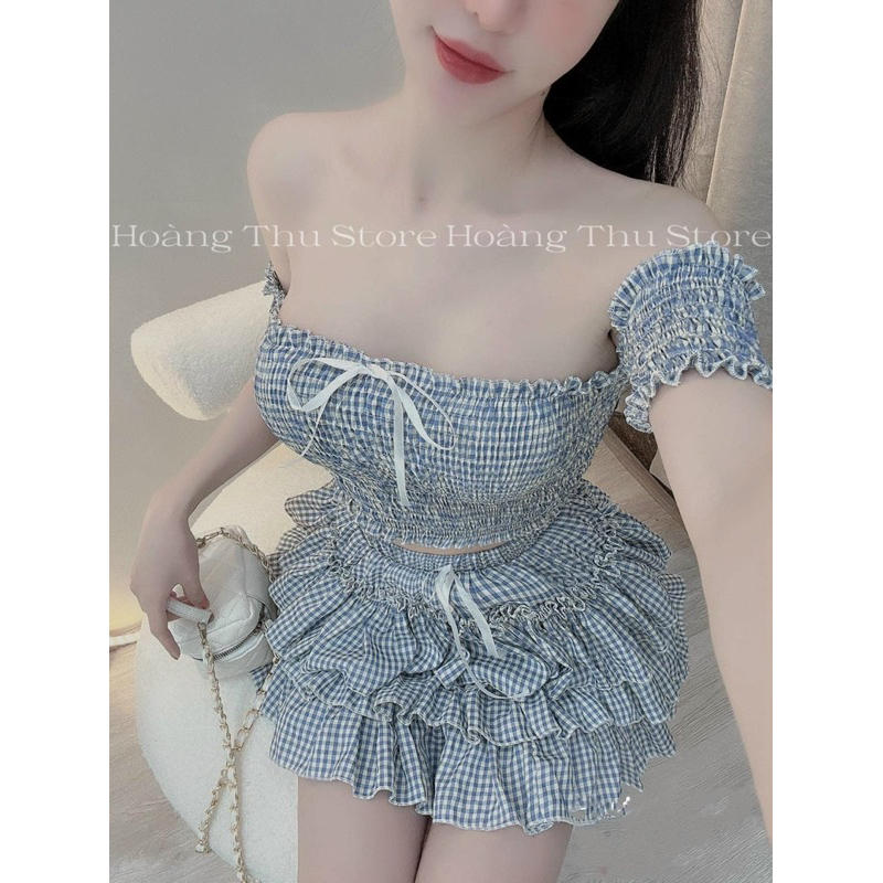 Set áo trễ vai nhún kèm chân váy caro nơ - Bộ 2 món áo mocking trễ vai caro chân váy tầng phối nơ