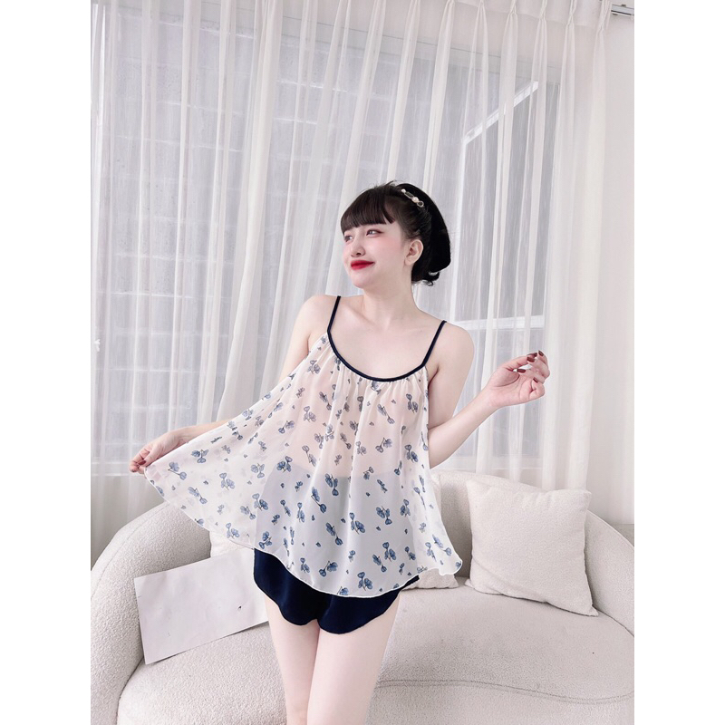 Đồ ngủ BIGSIZE, Đồ lụa Chiffon phối Satin cao cấp, set đồ ngủ 2 dây<65KG