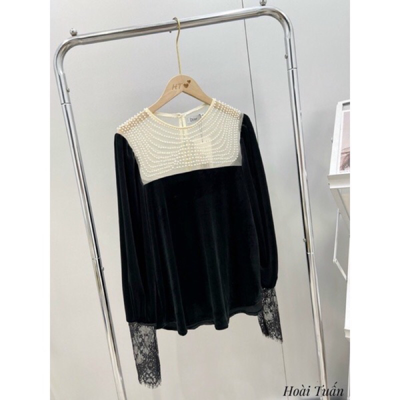 Áo nhung cổ ngọc dài tay phối ren hàng thiết kế cao cấp sang chảnh siêu đẹp ❤️