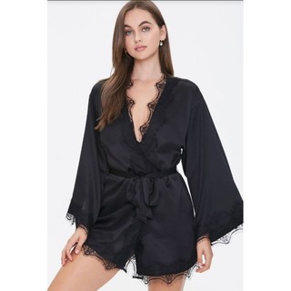 Áo kimono lụa satin F21 VNXK áo khoác choàng ngủ đi biển phối ren kèm dây buộc forever 21 xuất khẩu dư xịn