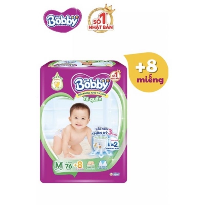 《HCM》TẶNG 8 MIẾNG 🦋 Tã quần Bobby siêu mỏng tinh chất gạo non size M76+8 👉 L68+8 👉 XL62+8 👉 XXL56+6