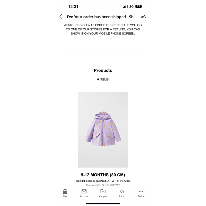 Áo khoác đi mưa cho bé gái màu tím nhẹ săn sale China sz 9-12m, 12_18m