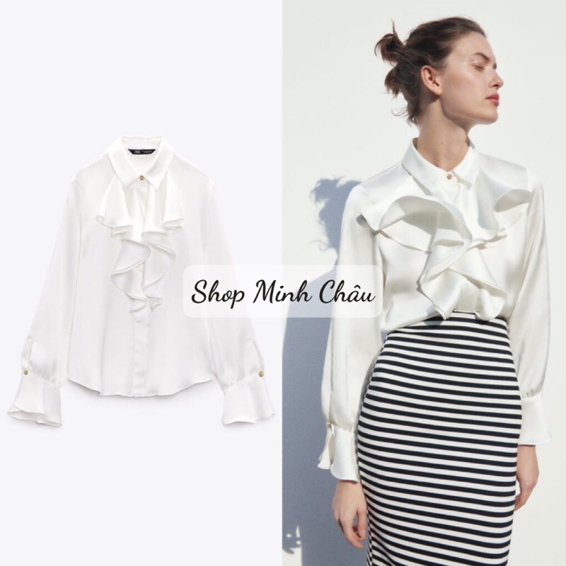 (Sẵn)Áo sơ mi trắng satin bèo tay loe Zaraa dư sịn